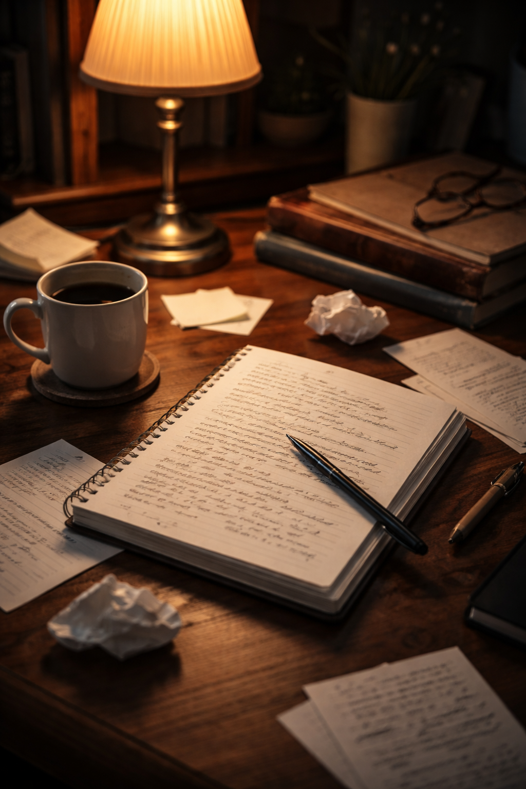 A dimly lit writing desk at night with an open notebook, handwritten notes, and a pen under a warm desk lamp.