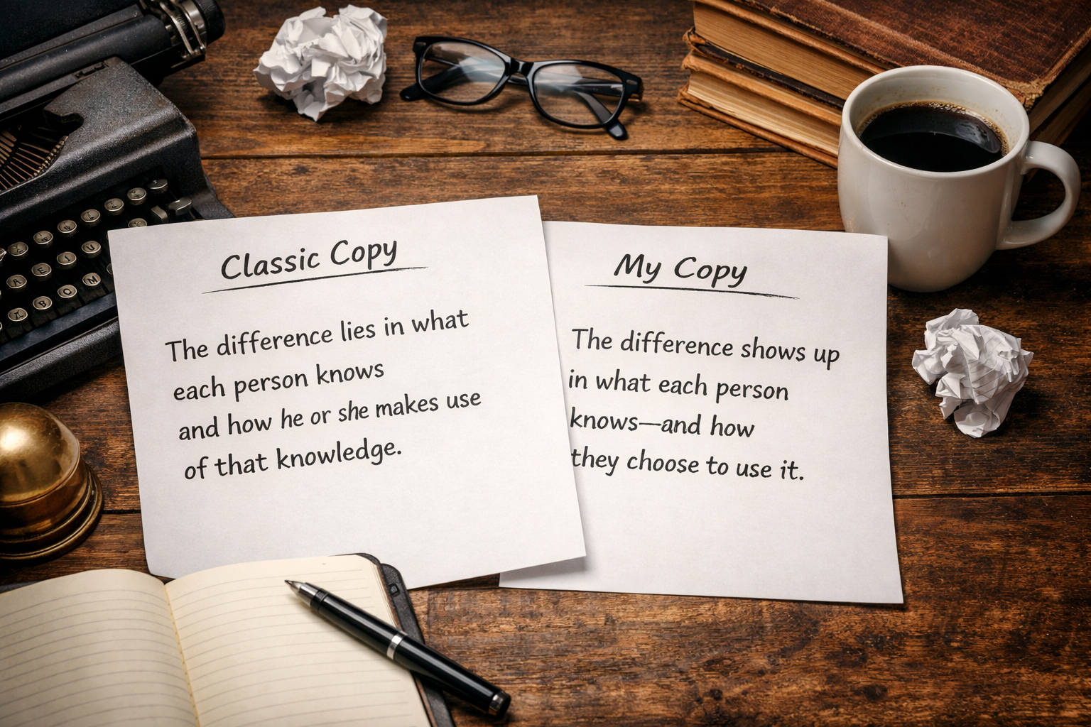 A writer’s desk with two pages side by side labeled “Classic Copy” and “My Copy,” surrounded by a notebook, pen, books, and a coffee mug, symbolizing the process of studying and rewriting bridge copy.