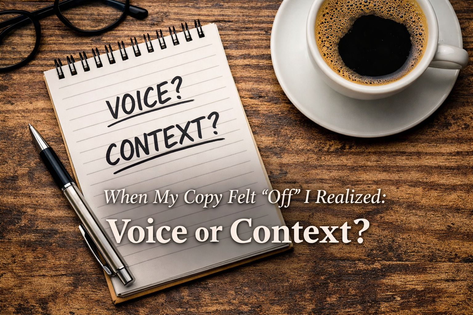 A notebook with “Voice?” and “Context?” written on it next to a coffee cup, symbolizing a writer reflecting on why her copy felt off.