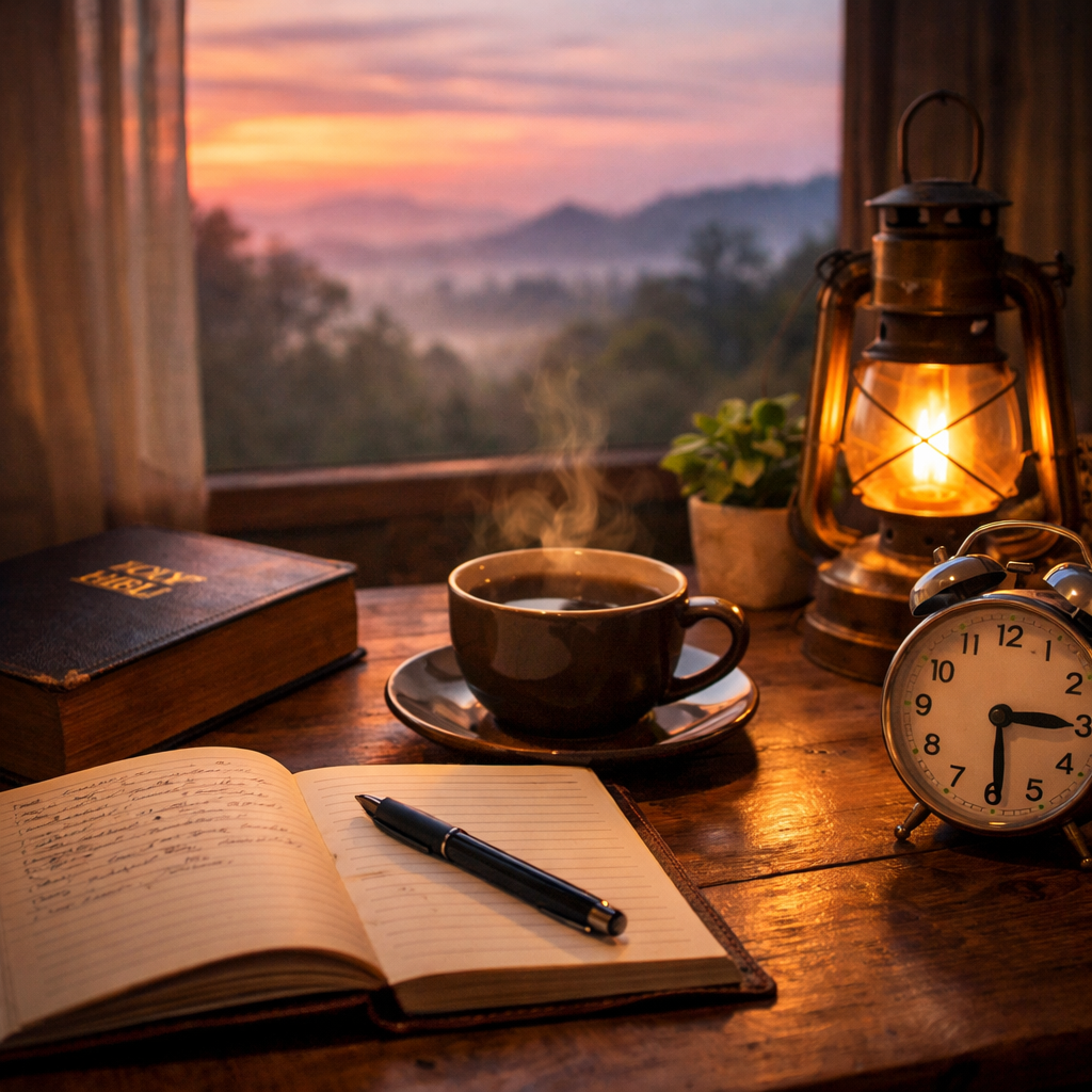 Early morning writing desk at dawn with a notebook, pen, steaming coffee, Bible, and alarm clock by a window, reflecting a quiet routine of faith, focus, and writing practice.