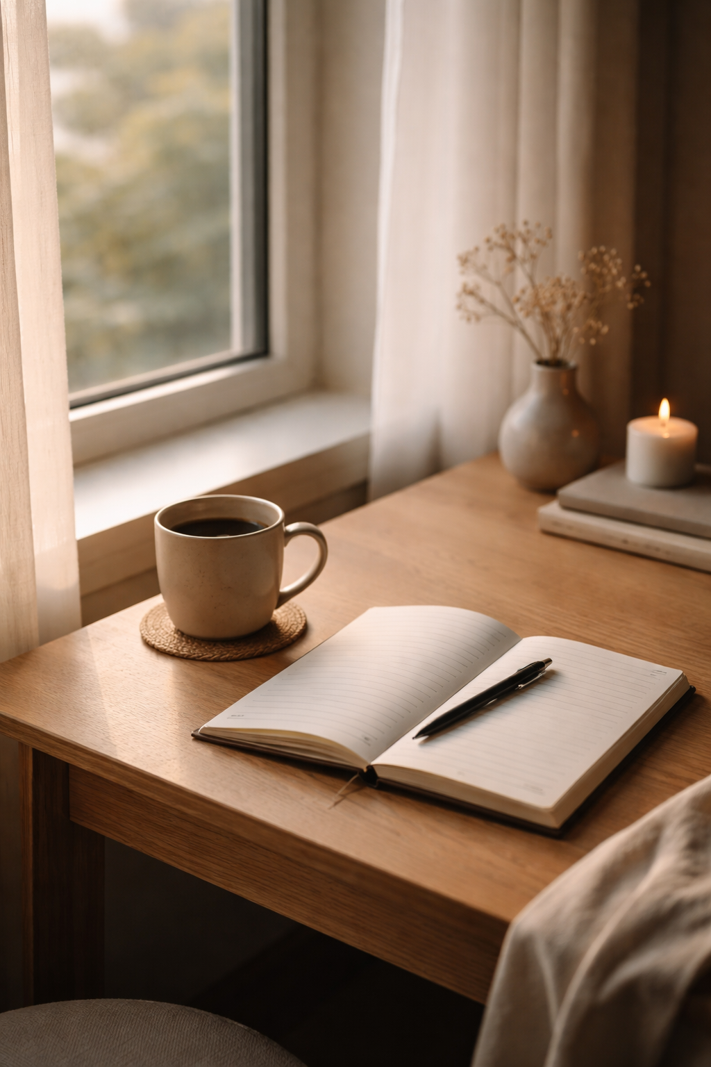 Early morning writing workspace with an open notebook, pen, and coffee by a window, reflecting quiet daily writing practice and consistency.