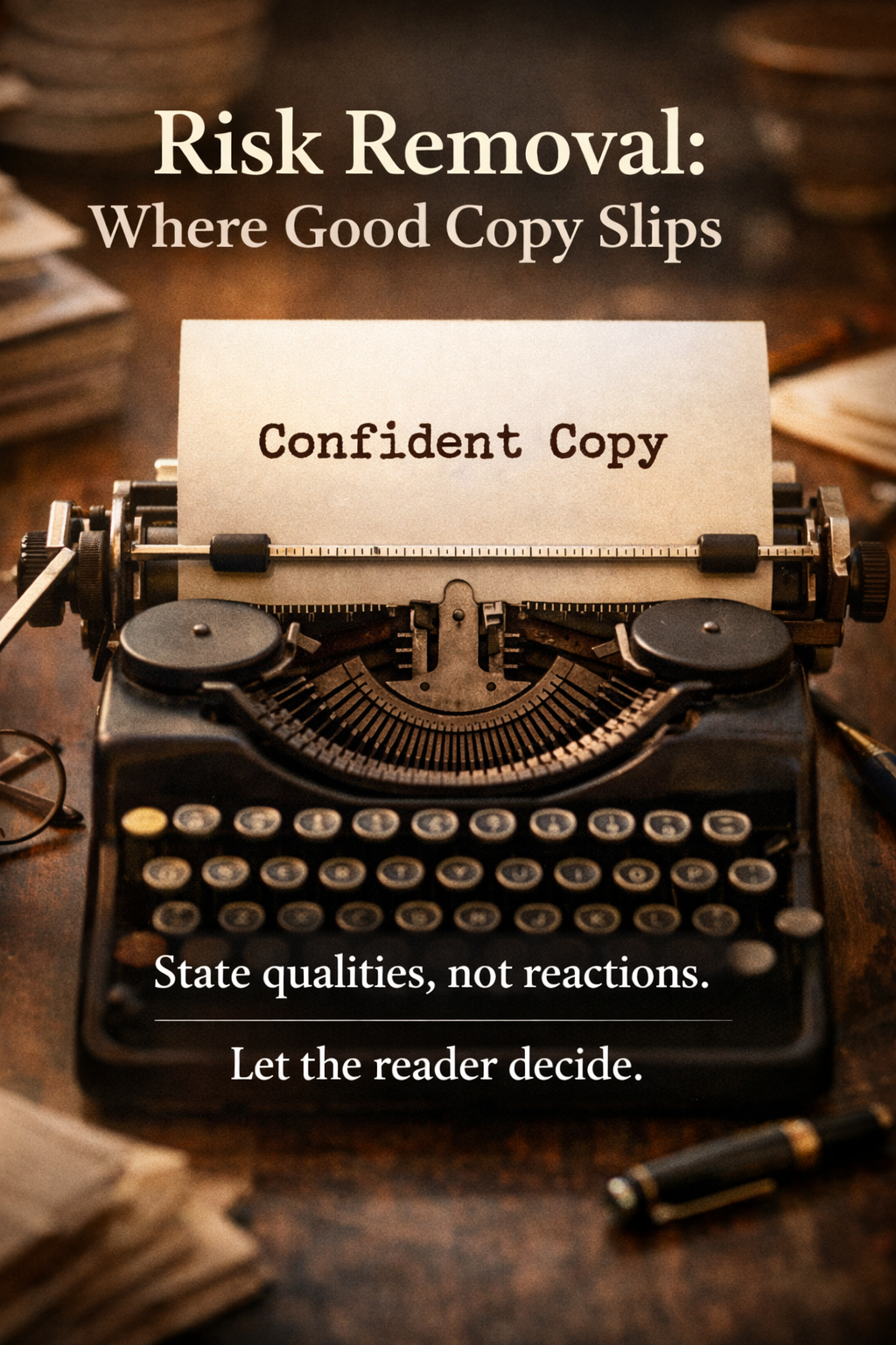 Vintage typewriter with the words “Confident Copy” on the page, illustrating the principle of risk removal and letting readers decide for themselves.