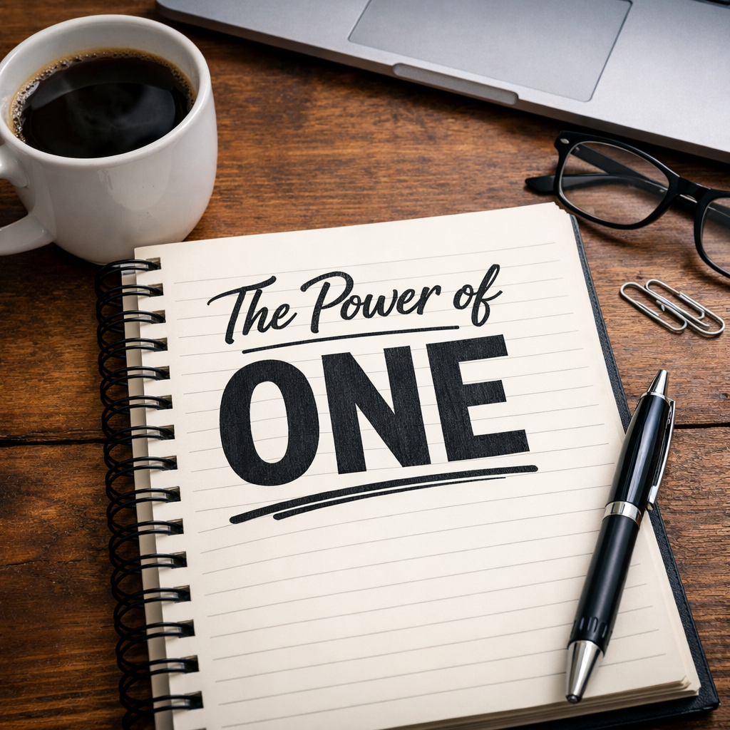 Writer’s desk with an open notebook reading “The Power of One,” next to a coffee mug, pen, glasses, and laptop, symbolizing focus and intentional writing.