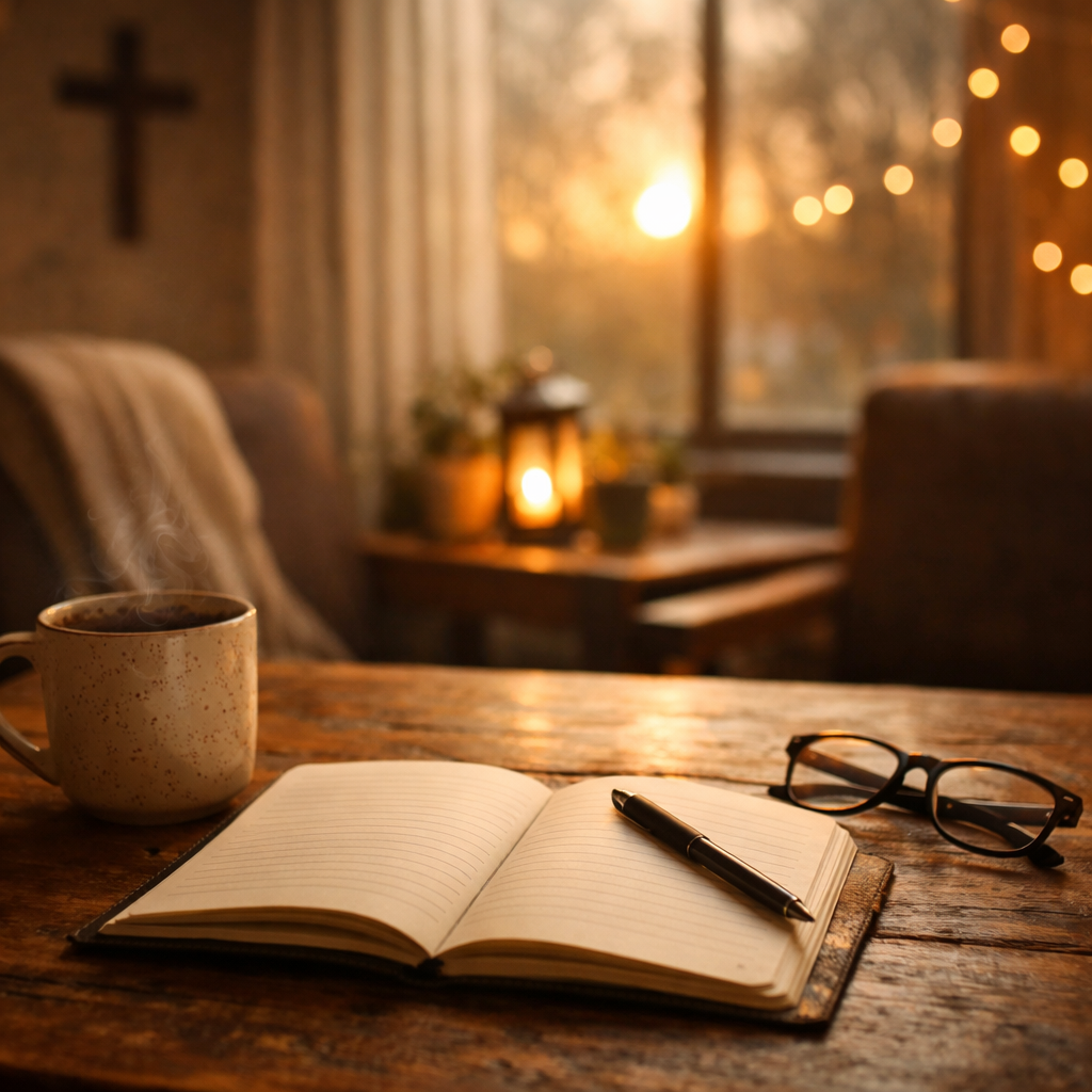 Warm morning writing space with an open notebook, pen, and coffee on a wooden table near a sunlit window, creating a calm, reflective atmosphere.