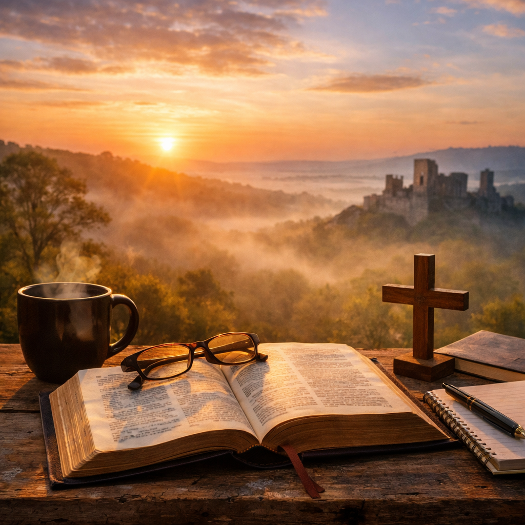 A peaceful early morning devotional scene with an open Bible, coffee cup, cross, and journal on a wooden table overlooking a misty sunrise landscape, symbolizing quiet time with God and prayer.