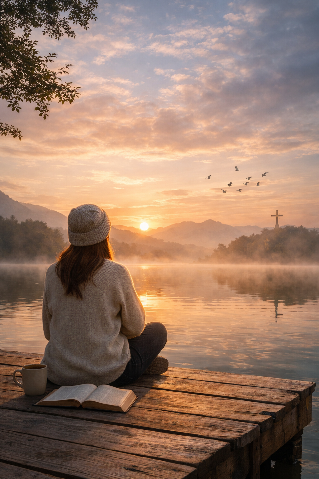 Woman sitting on a wooden dock at sunrise with an open Bible, reflecting during quiet prayer time by the water