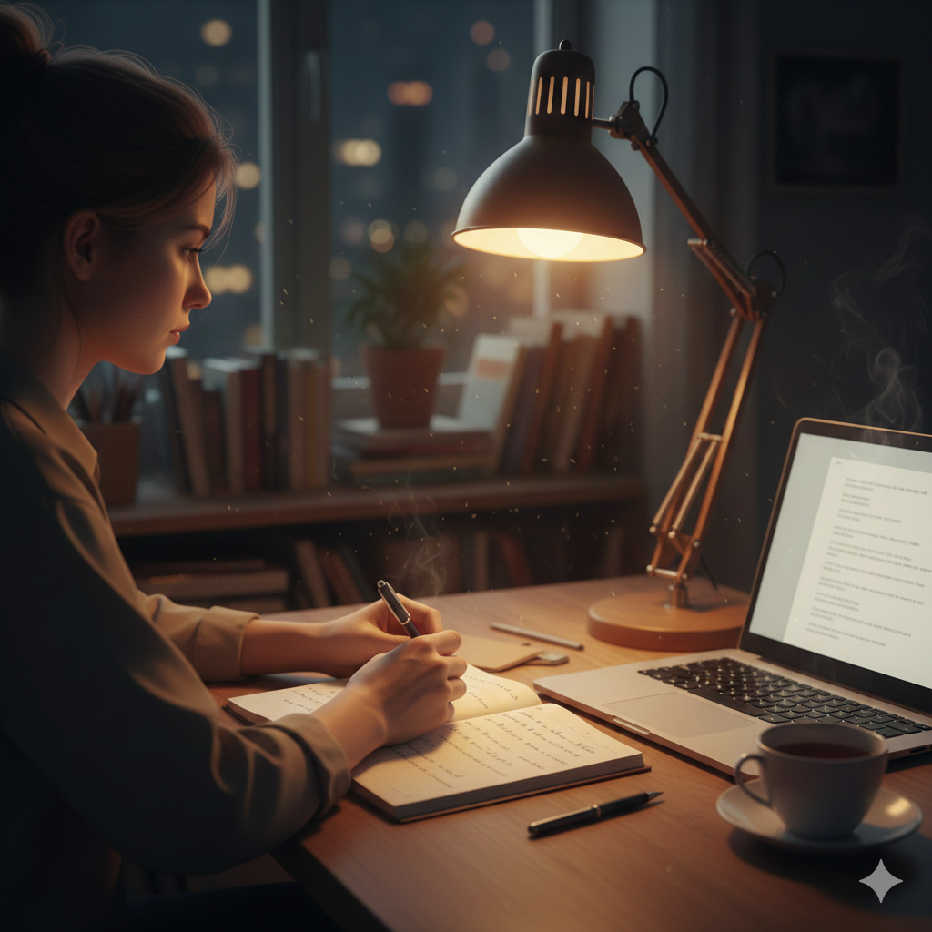 A quiet writing desk with a notebook and laptop, symbolizing the process of revising and learning through copywriting.