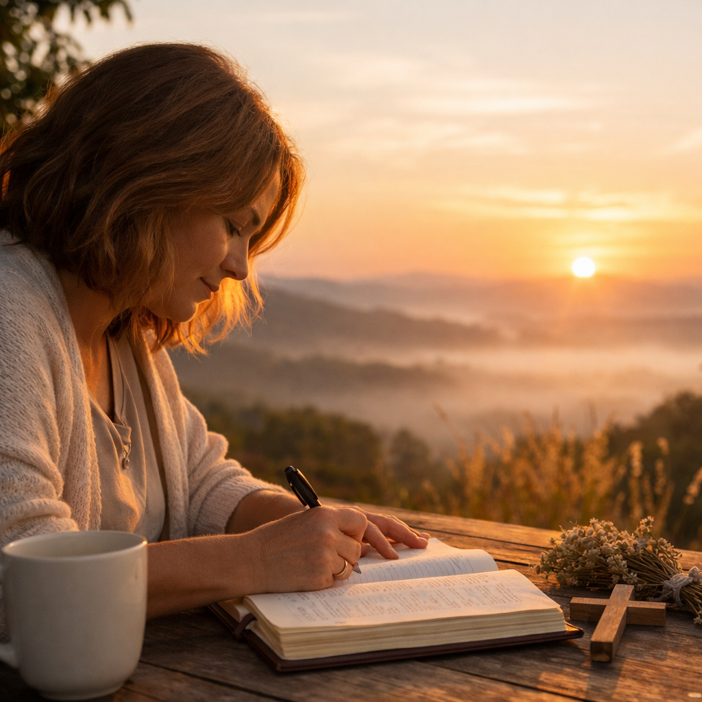 Christian woman journaling in prayer at sunrise, trusting God after setbacks and reflecting on faith and spiritual growth