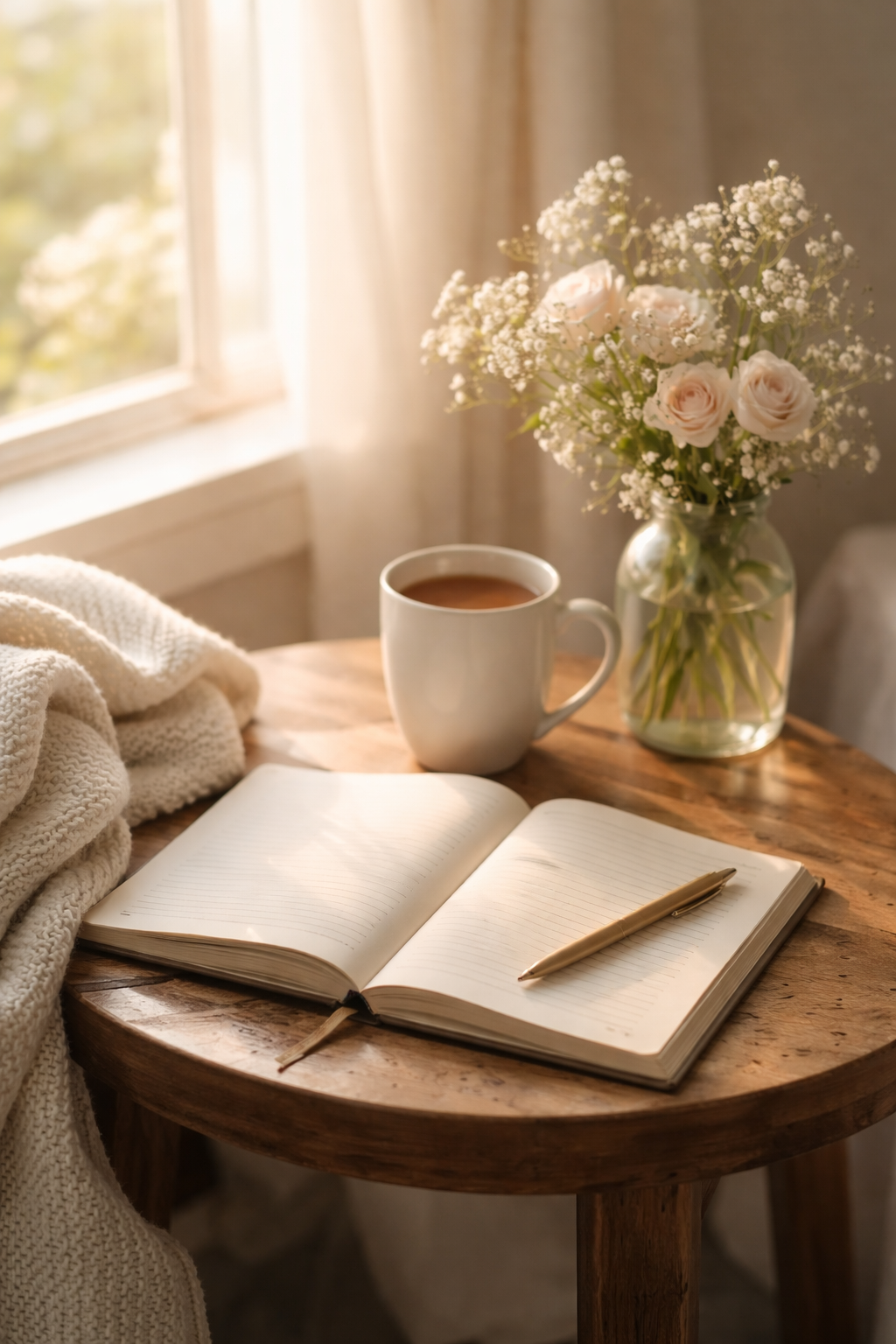 Soft morning scene with an open journal, coffee cup, and flowers on a wooden table near a window, symbolizing quiet reflection, writing, and peaceful encouragement.