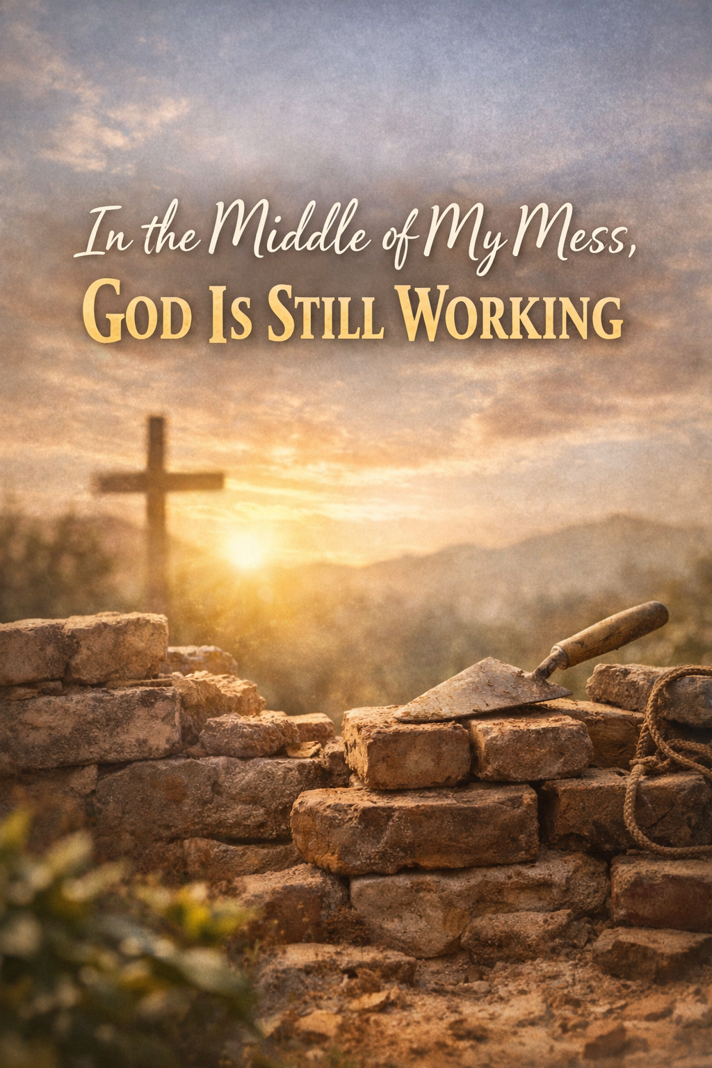 A sunrise over stacked bricks and a cross with the words “In the Middle of My Mess, God Is Still Working,” symbolizing faith, rebuilding, and spiritual restoration.
