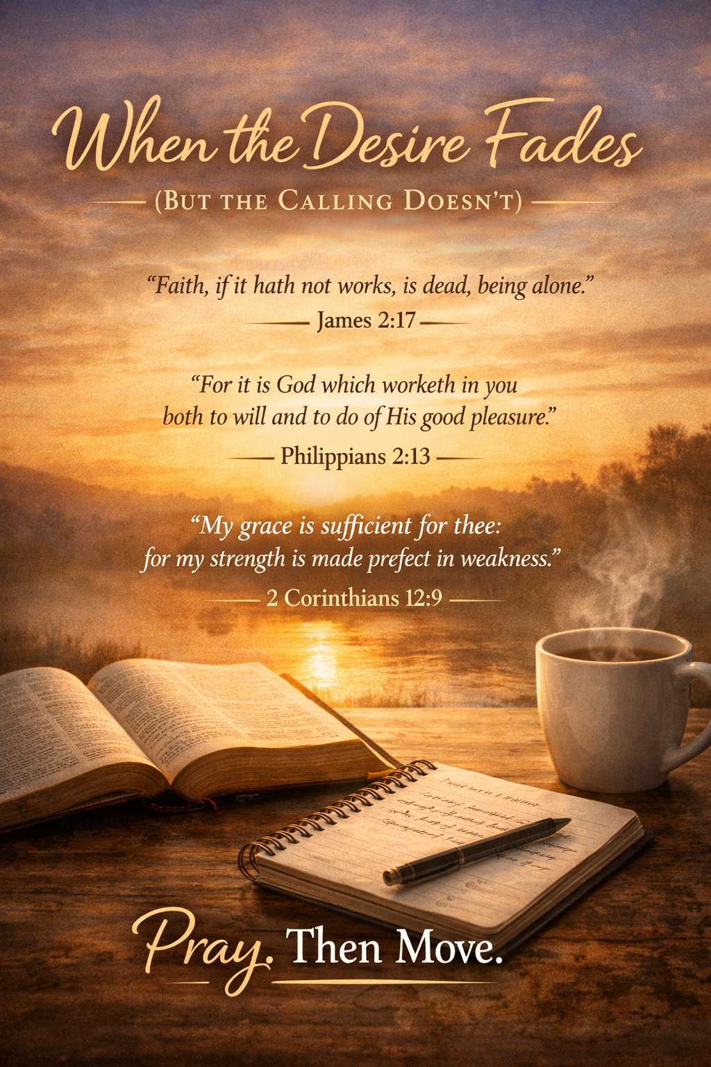 A peaceful sunrise devotional scene with an open Bible, a notebook, and a cup of coffee on a wooden table overlooking a calm lake. Overlaid text reads “When the Desire Fades (But the Calling Doesn’t)” along with scriptures from James 2:17, Philippians 2:13, and 2 Corinthians 12:9, ending with the phrase “Pray. Then Move.”